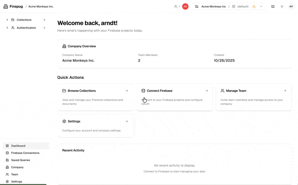 Firepug Dashboard showing company overview and quick actions